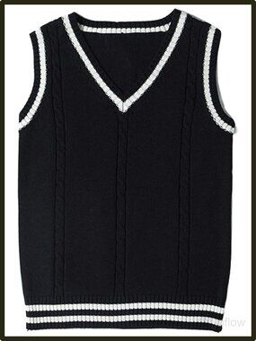 V Neck Sleeveless Knit Sweater Vest Cotton Pullover Black School Uniform Top